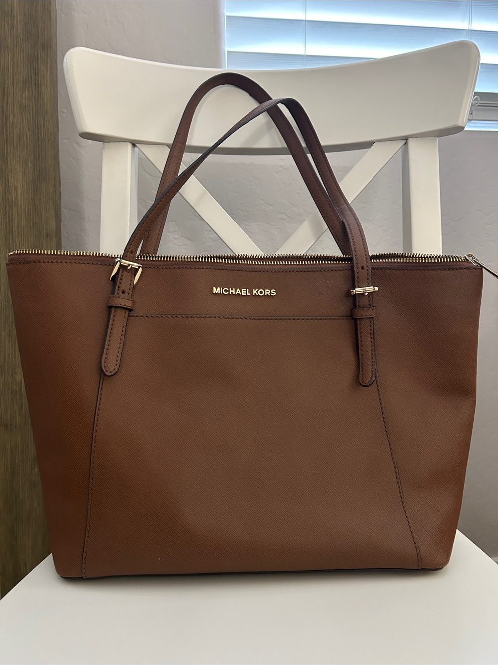 Michael Kors Brown Saffiano Tote with Gold Hardware